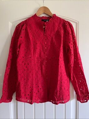 Zesica Red Eyelet Button-Front Blouse